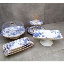 Pinkev 6 Parça Seramik Pasta Servis Sunum Tabağı Seti - Mavi Gold