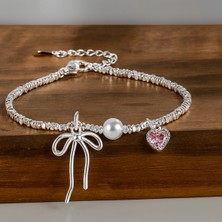 Kumi 925 Ayar Gümüş Kadın Bileklik Fiyonk Figürlü İnci ve Kalp Taşlı Zarif Tasarım