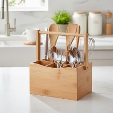 Skygo Bambu Taşıma Kulplu Çok Amaçlı Düzenleyici - 6 Bölmeli Çatal Bıçaklık | Ofis, Banyo ve Masaüstü Caddy Organizer (21.6X14X12.7 Cm)