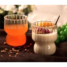 Skygo Bombeli Stil Stripe Cam Bardak 2’li Set 310 ml Dayanıklı Borosilikat Kahve ve Sunum Bardağı Pinterest Estetiğinde Çizgili Tasarım, Modern Şeffaf Bardak