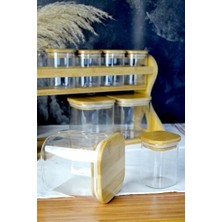 Skygo Bambu Serisi 8'li Kare Borasilikat Standlı Baharatlık Seti