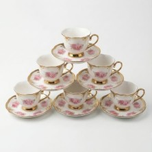 Skygo 6 Kişilik Gül Desenli Porselen Türk Kahvesi Fincan Takımı, Altın Yaldız Kenarlı ve Kıvrımlı Klasik Tasarım, 12 Parça Çiçekli Çeyizlik Sunum Seti