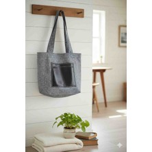 Yarımada Kadın Kooperatifi ​%100 Kalın Duck Keten & Suni Deri Cepli,melanj Gri Omuz Çantası / Kol Çantası​