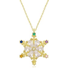 Skygo 925 Ayar Gümüş Gold Renkli Taşlı Kar Tanesi Kadın Gümüş Kolye