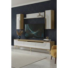 Yumedi Design TVR1803DBG - Dünya Tv Ünitesi Takımı 180CM Safirmeşe-Beyaz-Gold