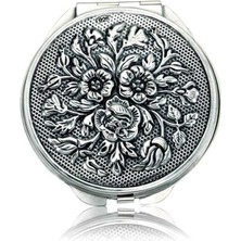 Skygo Gümüş Gül Motifli Kapaklı Yuvarlak El Aynası