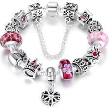 Kumi 14K Beyaz Altın Kaplama Avusturya Kristali Kalp Detaylı Pembe Quenn Charmlı Kadın Bileklik-20Cm