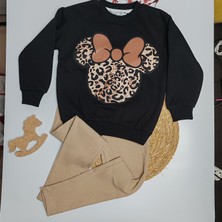 Moda Rüyası Mickey Mouse Leopar Desenli Siyah Kız Çocuk Alt Üst Takım – 4-8 Yaş