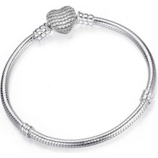 KUMİ 925 Ayar Charm Uyumlu Pave Taşlı Kalp Gümüş Bileklik Sevgililer Günü Hediyelik