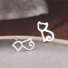 Kumi Gümüş Kaplama Simetri Kedi Kadın Saplama Küpe