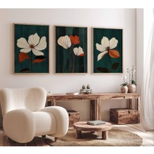 Pam Studio 3’lü Çiçek Tablo Seti | Yeşil Zeminli Floral Duvar Dekoru | Ahşap Çerçeveli Modern Tablo