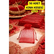 Emtory Home 50 Adet Kına Kesesi Kırmızı Tüllü Simli – Kına Gecesi, Düğün, Nişan Hediyelik (9X12 Cm)