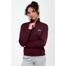 Vişne Renk Fermuarlı Yaka Uzun Kollu Basic Sweatshirt