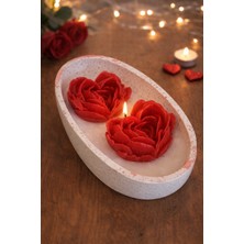 Gül Şeklinde Kırmızı Kalp Mum Seti – Polyester Tabakta Gül Kokulu Dekoratif Mumluk