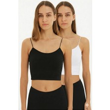 Newhappylife Kadın Şık Büstiyer & Ip Askılı Crop & Kadın Iç Giyim & Dış Giyim & Penye Bluz Beyaz Siyah Ikili