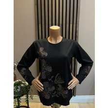 Akmavi Kadın Orta Yaş ve Üzeri Viskon Renkli Yaprak Desenli Taşlı Likralı Anne Penye Bluz