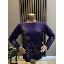 Akmavi Kadın Orta Yaş ve Üzeri Viskon Renkli Yaprak Desenli Taşlı Likralı Anne Penye Bluz