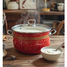 Kırmızı Etnik Lux Emaye Tencere 5 Litre 24 cm Çap Süt Yoğurt Çorba Tenceresi