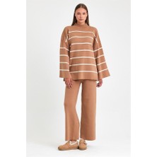 Keyifli Moda Kahverengi Ispanyol Kol Çizgili Tunik Pantolon Triko Alt Üst Takım