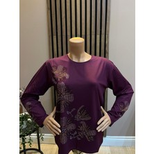 Akmavi Kadın Orta Yaş ve Üzeri Viskon Renkli Yaprak Desenli Taşlı Likralı Anne Penye Bluz