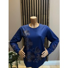 Akmavi Kadın Orta Yaş ve Üzeri Viskon Renkli Yaprak Desenli Taşlı Likralı Anne Penye Bluz