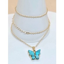 Kelebek Figürlü Turkuaz Akrilik Taş Zincir Kolye
