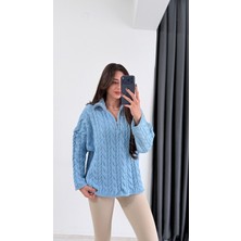 Olwe Örmeli Fermuarlı Triko Kazak Mavi