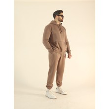 EYDAMOON Erkek Kahve Kışlık Içi Polarlı Puf Kumaş Kapüşonlu 3iplik Kanguru Cepli Lastikli Paça Eşofman Takımı