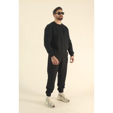 EYDAMOON Erkek Kışlık Içi Polar Eşofman Takımı Sweatshirt Jogger - Siyah Regular Lastikli Paça