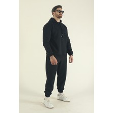 EYDAMOON Erkek Kışlık Eşofman Takımı Kapüşonlu Sweatshirt Jogger - Siyah Regular Lastikli Paça