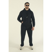 EYDAMOON Erkek Kışlık Pamuklu Kanguru Cepli Sweatshirt Alt Baggy Eşofman Takımı-Siyah