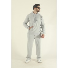 EYDAMOON Erkek Kışlık Pamuklu Kanguru Cepli Sweatshirt Alt Baggy Eşofman Takımı-Gri