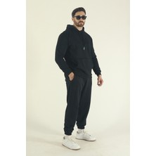EYDAMOON Erkek Kışlık Eşofman Takımı Kanguru Cep Sweatshirt Jogger - Siyah Regular Lastikli Paça
