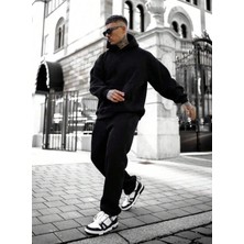 EYDAMOON Erkek Siyah Kapüşonlu Alt-Üst 3 Iplik Kışlık Eşofman Takımı