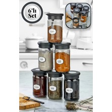 Stile Cucina 6' Lı Silikon Kapak Kaşıklı ve Etiketli Baharatlık Seti 380 ml Etiketli Cam Baharat Takımı Siyah