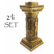 Hioroglif Sütun Şamdan Mumluk 2 Adet Set - Antik Mısır Altın Renk Şamdan Dekorasyon