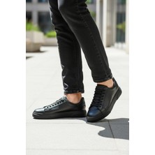 Faymaz Erkek Siyah Cilt Kalın Tabanlı Garantili Bağcıklı Günlük Spor Ayakkabı