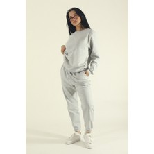 EYDAMOON Kadın Kışlık Içi Polarlı Eşofman Takımı Bisiklet Yaka Sweatshirt Jogger - Gri Regular Lastikli Paça
