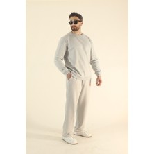 EYDAMOON Erkek Kışlık Içi Polarlı Eşofman Takımı Sweatshirt Baggy - Gri Regular Bisiklet Yaka