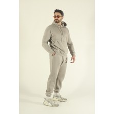 EYDAMOON Erkek Kışlık Içi Polarlı Yumuşak Dokulu Tek Cepli Kapüşonlu Eşofman Takımı - Taş