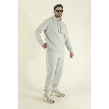 EYDAMOON Erkek Kışlık Pamuklu Eşofman Takımı Kapüşonlu Sweatshirt Jogger - Gri Regular Lastikli Paça