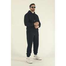 EYDAMOON Erkek Kışlık Pamuklu Eşofman Takımı Kapüşonlu Sweatshirt Jogger - Siyah Regular Lastikli Paça