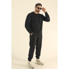 EYDAMOON Erkek Kışlık Içi Polar Eşofman Takımı Bisiklet Yaka Sweatshirt Jogger - Siyah Regular Lastikli Paça
