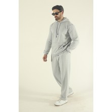EYDAMOON Erkek Kışlık Içi Polarlı Kanguru Cepli Sweatshirt Alt Baggy Eşofman Takımı-Gri
