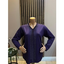 Akmavi Kadın Orta Yaş ve Üzeri Triko Şeritli Taşlı Anne Penye Bluz