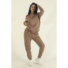 EYDAMOON Kadın Kahverengi Kışlık Pamuklu Puf Kumaş Bisiklet Yaka Jogger Eşofman Takımı