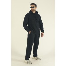 EYDAMOON Erkek Kışlık Pamuklu Kapüşonlu Sweatshirt Alt Baggy Eşofman Takımı-Siyah