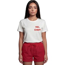 Color Luxe ''yes, Chef!'' Yazılı Minimalist Baskılı %100 Pamuk Rahat Kesim Premium Kadın Tişört