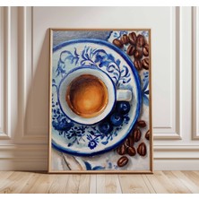 Ninastore Kahve Temalı Sanat Baskısı | Mavi ve Beyaz Mutfak Duvar Sanatı | Gerçekçi Yağlı Boya Tarzı Poster |