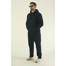 EYDAMOON Erkek Kışlık Içi Polarlı Kanguru Cepli Sweatshirt Alt Baggy Eşofman Takımı-Siyah